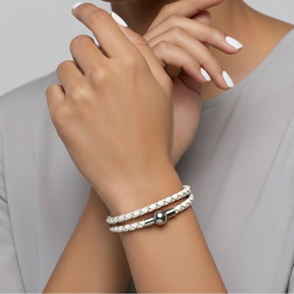 Linx Double White Leather Braided Cord Bracelet with a Magnetic Clasp